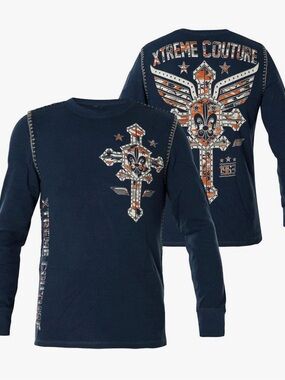 Xtreme Couture Affliction Thermal Shirt Men’s 2X Soldier of Faith Cross blue Y2K